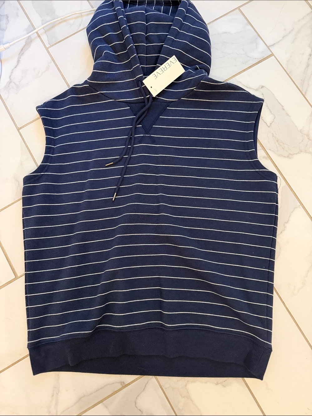 Evereve Navy and White Striped Sleeveless Hoodie Sweatshirt